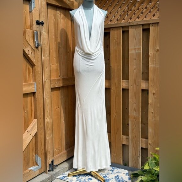 🆕 RAT & BOA 🧿 NWOT Winona White Slinky Cowl Neck Jersey Gown, Sz L - Picture 2 of 16